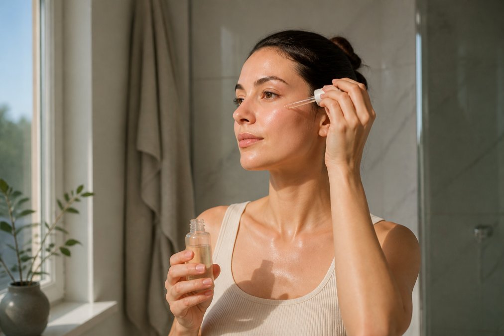 Person with visibly calm, clear skin applying a lightweight serum to their face, morning light coming through a window, calm and peaceful bathroom setting