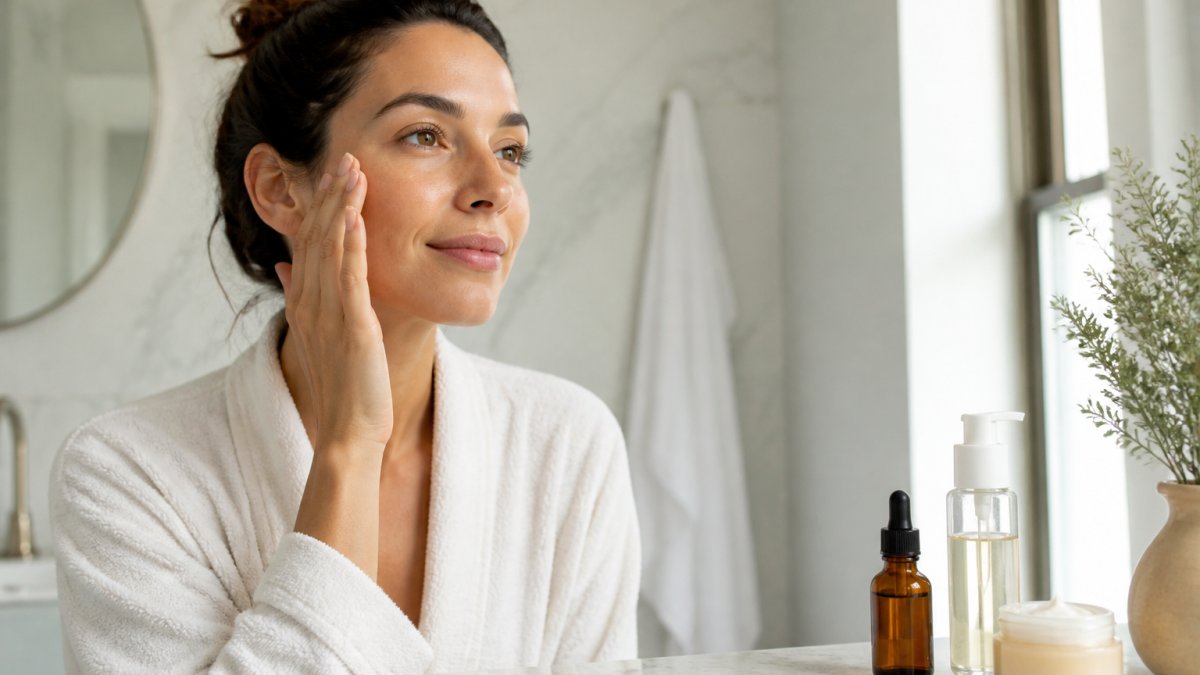 A woman with sensitive skin gently applying facial serum with her fingertips in a bright, minimal bathroom, soft natural light, calm expression, skincare bottles arranged neatly on the counter