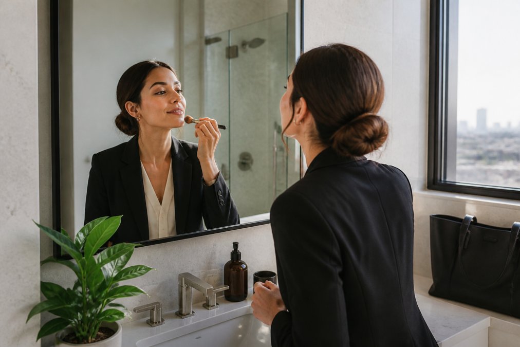 A professional woman in business attire applying foundation with a brush in a sunlit bathroom, looking into a mirror with a commute bag nearby