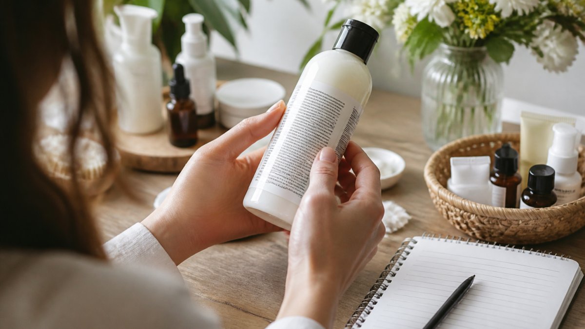 Close-up of hands holding a beauty product bottle, examining the ingredient label under natural light, with a notepad and pen nearby for reference