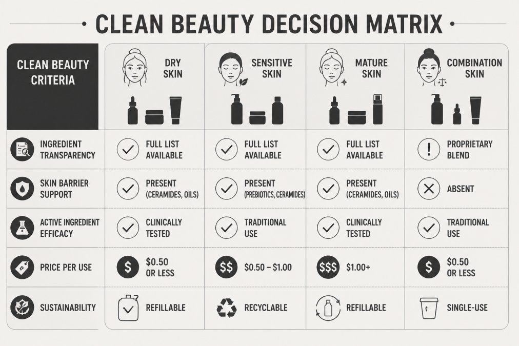 Decision matrix comparing clean beauty criteria including ingredient transparency, skin barrier support, and cost.