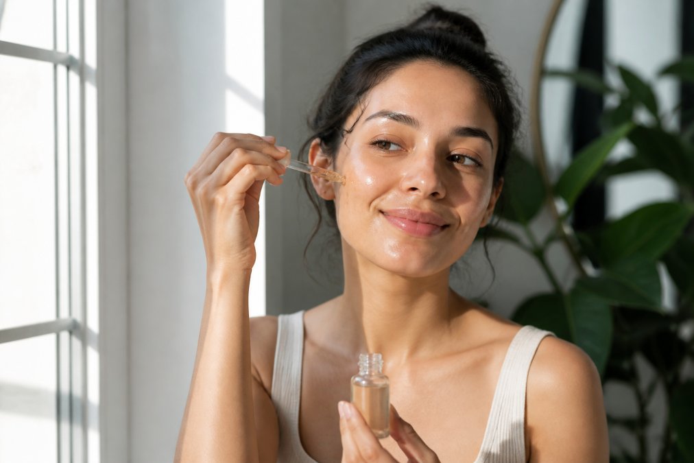 Person applying clean beauty serum to face with natural morning light streaming through window, showing product texture and skin absorption