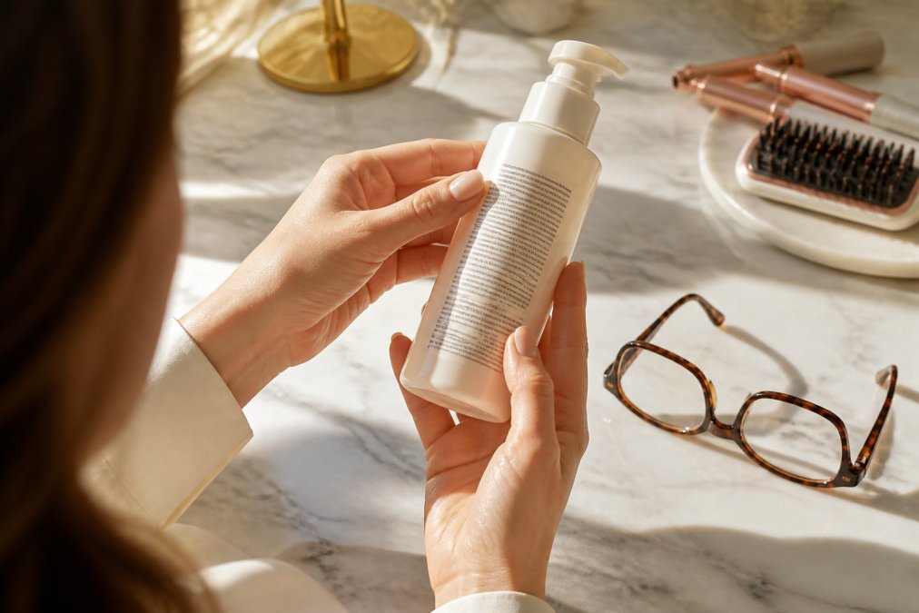 Close-up of hands holding a skincare product bottle, carefully examining the ingredient list printed on the back label under natural morning light, with reading glasses resting nearby on a white marble surface