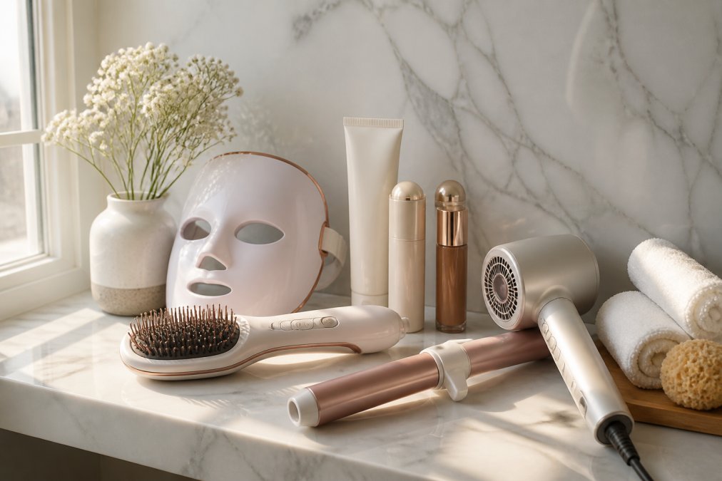 Minimalist bathroom shelf displaying an intentionally curated collection of clean beauty products arranged with natural morning light streaming through a nearby window, emphasising simplicity and thoughtful organisation on white marble