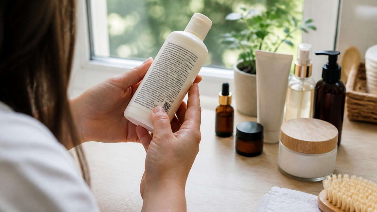 Close-up of a person's hands holding a skincare product bottle, carefully reading the ingredient list printed on the back label under natural daylight near a window
