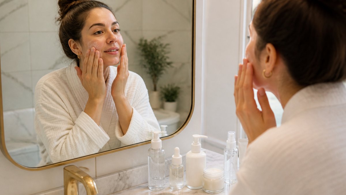 Woman applying layered skincare products to her face in front of a bathroom mirror with soft natural lighting, bottles and a facial mist sprayer arranged on the marble counter beside her