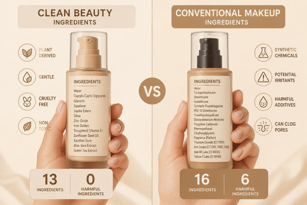 Close-up of hands comparing two makeup product bottles side by side with ingredient labels clearly visible on the packaging, natural daylight illuminating the labels