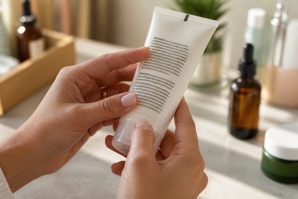 Close-up of hands examining clean beauty product labels and ingredient lists on skincare bottles in natural lighting, with focus on readable ingredient text