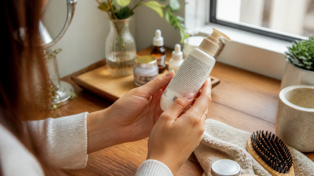 Close-up of a woman's hands holding a skincare bottle and reading the ingredient list on the back label in bright natural light