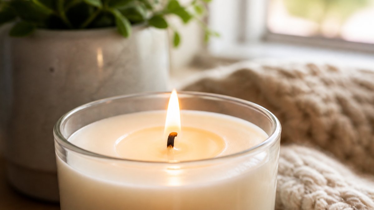 Close-up of a lit candle with a clean, steady flame and minimal smoke, showing a well-formed wax pool with a trimmed cotton wick
