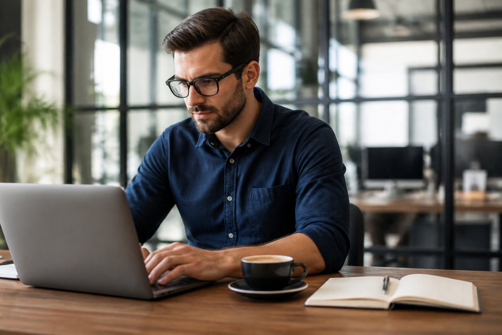 A busy professional in a modern office looking focused at a laptop, with a fresh cup of specialty coffee on the desk next to a notebook and pen