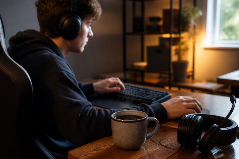 Gamer sitting at a desk with a steaming mug of black coffee, headset, and keyboard in warm ambient lighting.