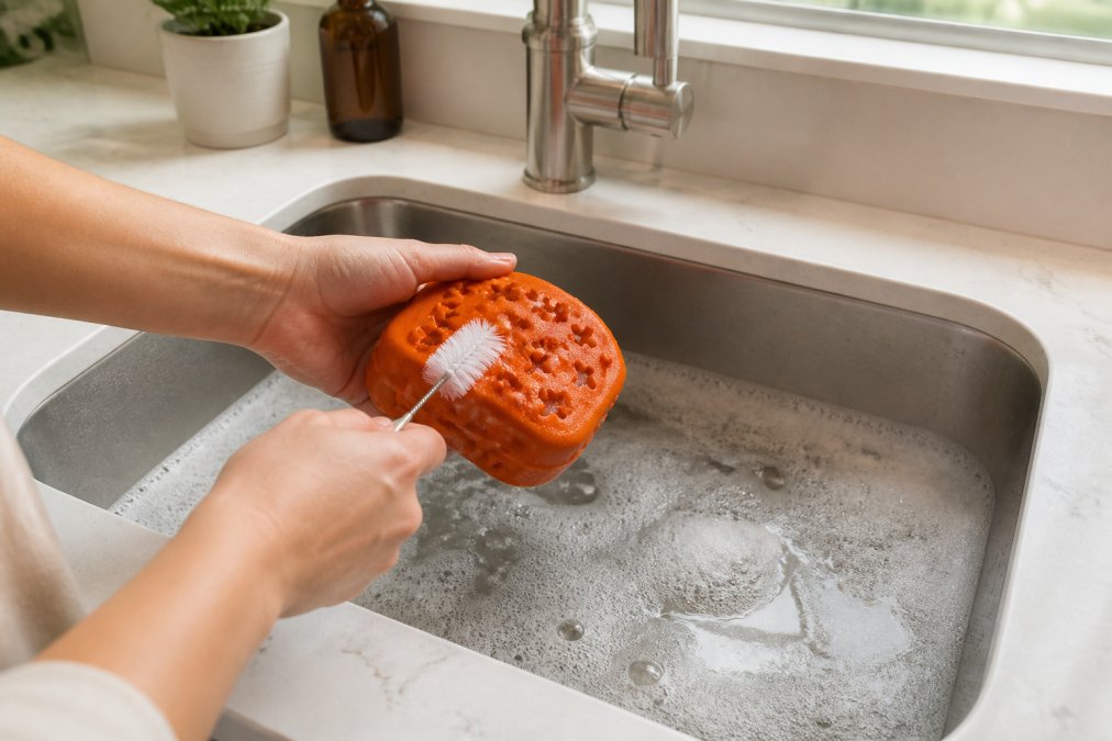 A person's hands scrubbing a natural rubber dog puzzle toy with a small bottle brush in a kitchen sink filled with warm soapy water, natural daylight from a window above the sink
