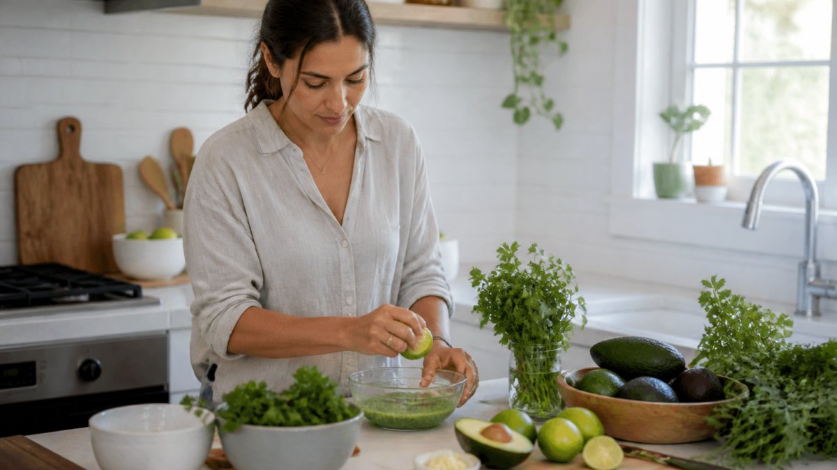 Parent in a bright kitchen quickly preparing fresh sauce ingredients, fresh herbs, lime, avocado, and bowls arranged on the counter, showing the simplicity and speed of homemade sauce preparation