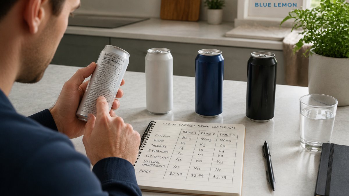 A person at a kitchen counter lining up three cans of energy drinks next to a notebook, reading ingredient labels and comparing caffeine amounts in soft morning light