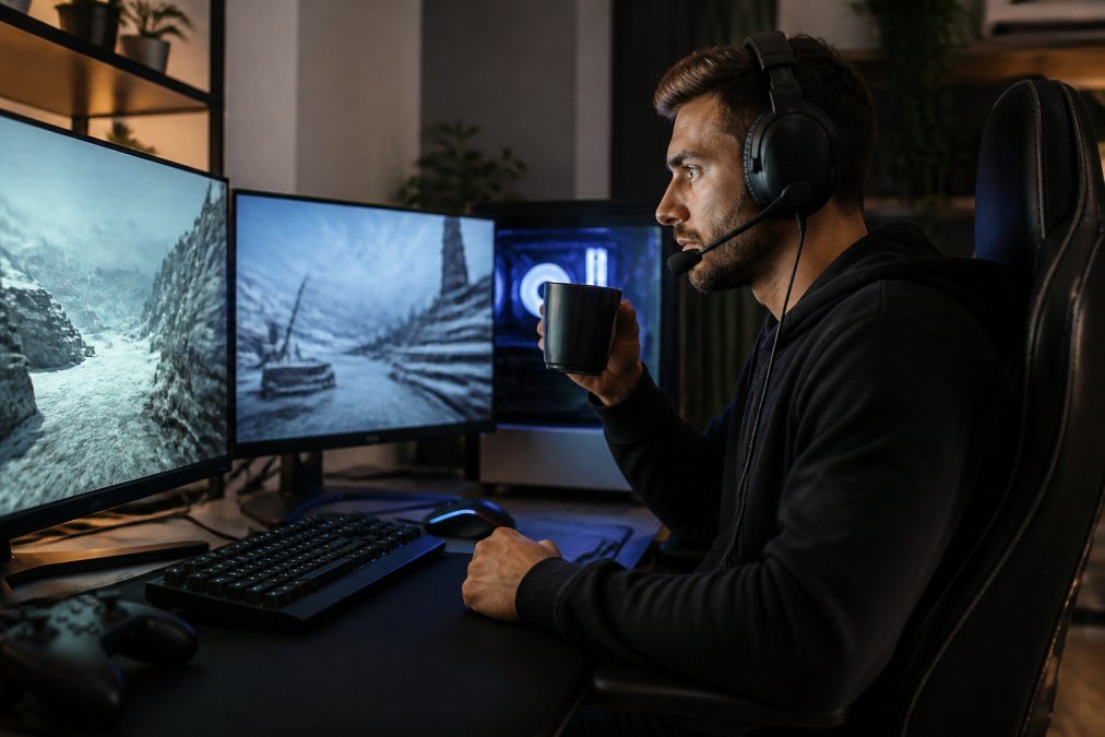 Competitive gamer at high-end gaming setup with multiple monitors, holding a fresh cup of coffee, focused and alert during intense gameplay session with blue monitor glow in background
