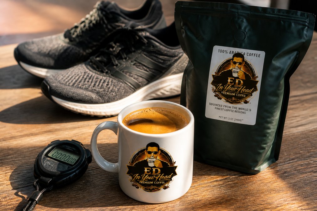 Close-up of a fresh cup of specialty coffee with rich crema beside running shoes and a stopwatch on a wooden training table, with morning sunlight streaming across the scene