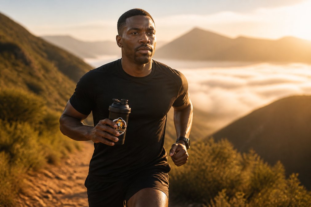 Endurance athlete mid-run on a trail at golden hour, holding a reusable bottle of specialty coffee, with morning mist visible in the background and determination visible on their face