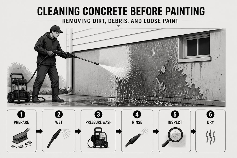 Infographic illustrating the pressure washing process to achieve a clean foundation for paint on concrete walls.