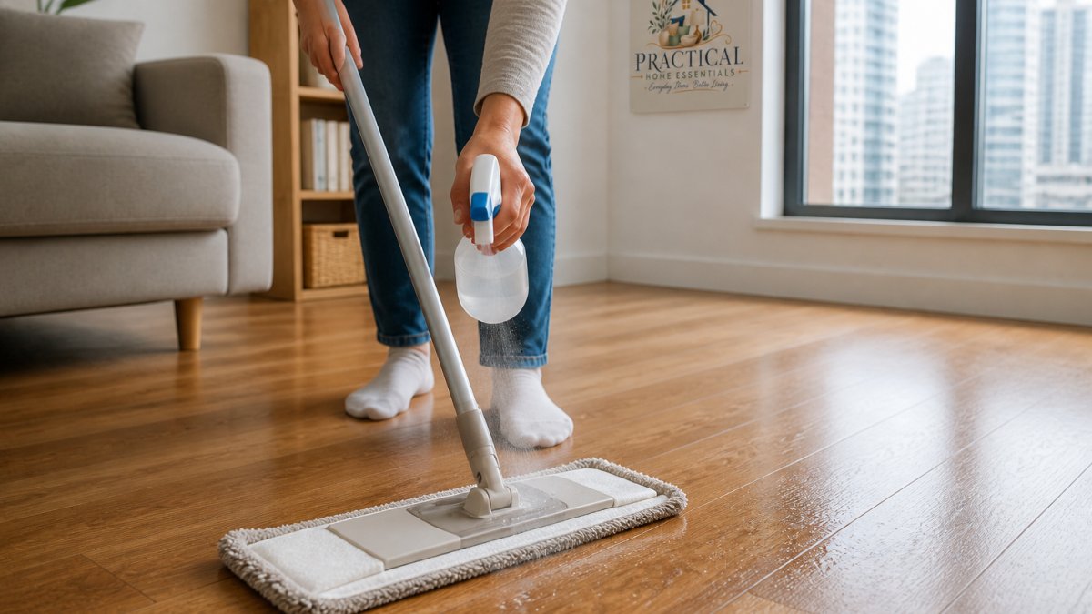 Step-by-step guide illustrating proper microfiber mopping techniques to prevent water damage on hardwood floors.