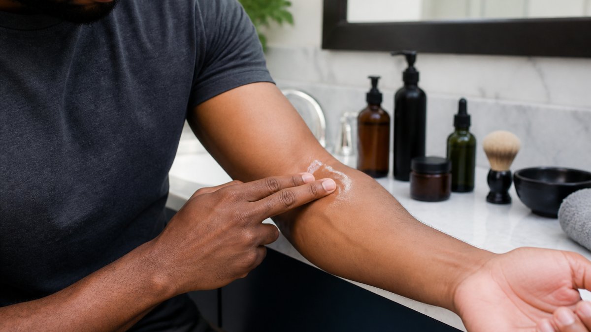 A man applying a small amount of skincare product to the inside of his forearm, with a mirror and grooming products on a bathroom counter in the background
