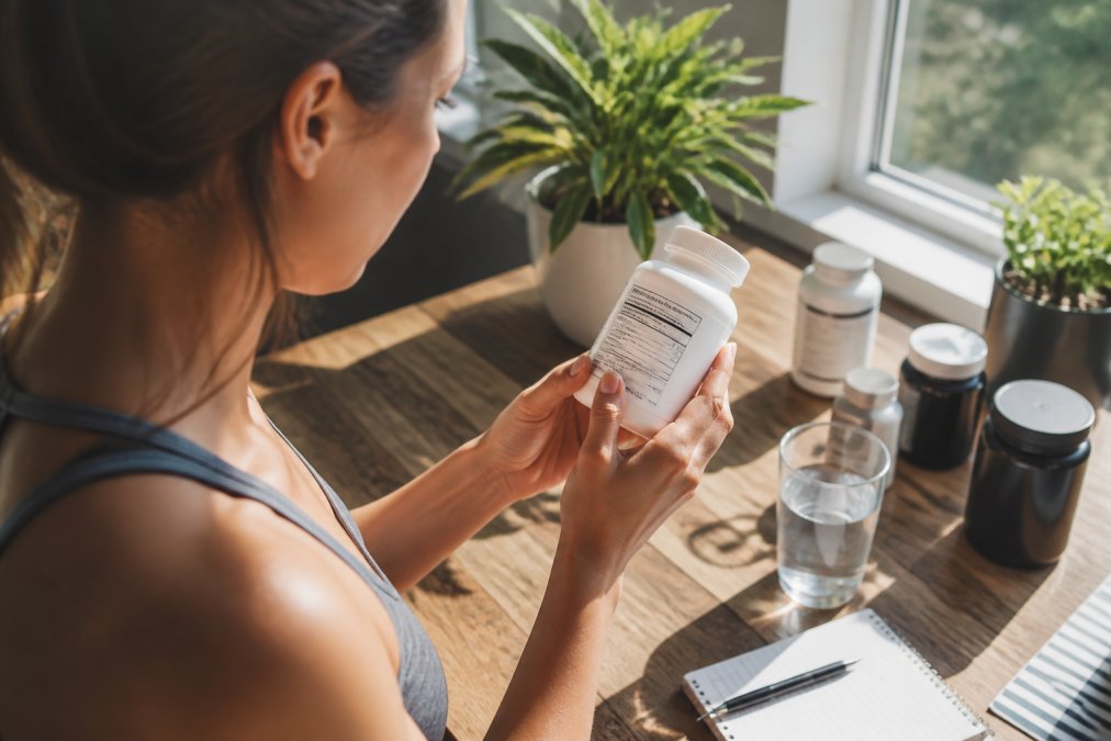 Woman's hands holding a supplement bottle, carefully reading the ingredient label in natural morning light coming through a window