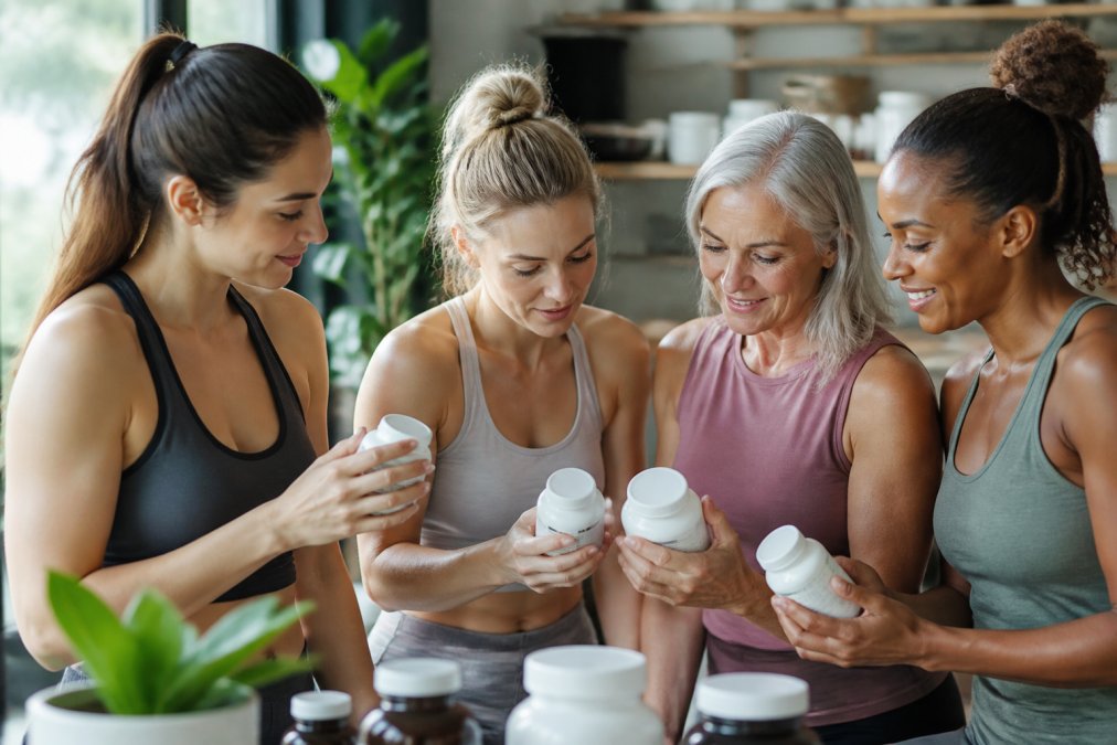 Diverse group of women of different ages examining supplement bottles together in a bright, modern wellness space with natural lighting
