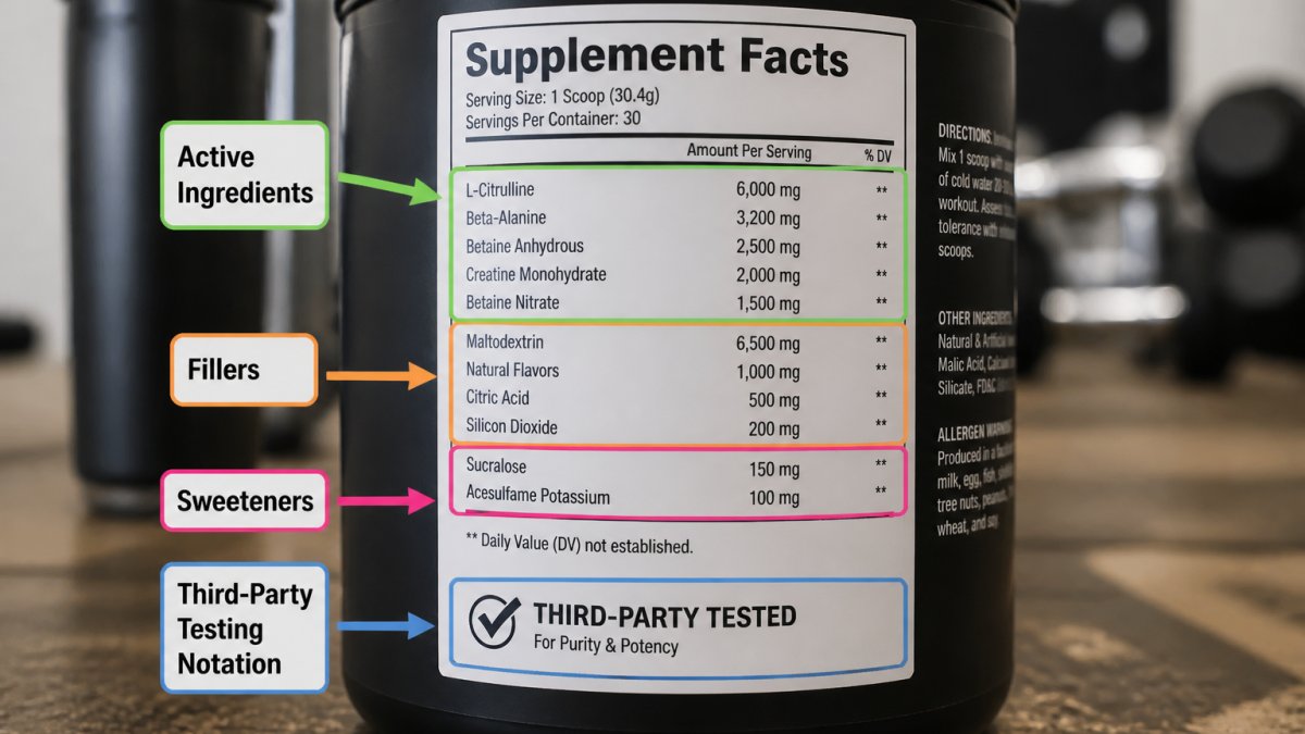 Close-up of a supplement label showing the Supplement Facts panel with highlighted sections for active ingredients, fillers, sweeteners, and third-party testing notation
