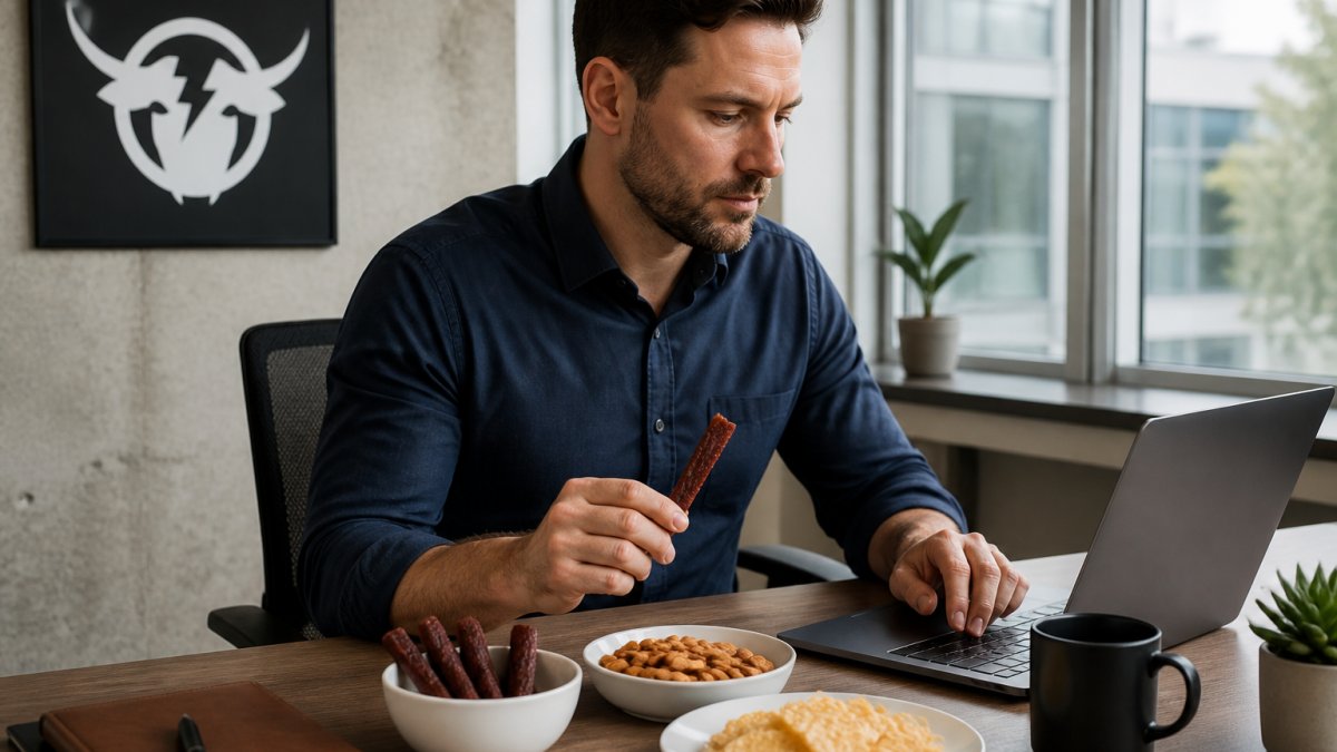 Professional at desk with beef jerky sticks, cheese crisps, and almonds arranged next to laptop and coffee cup in modern office setting with natural window lighting