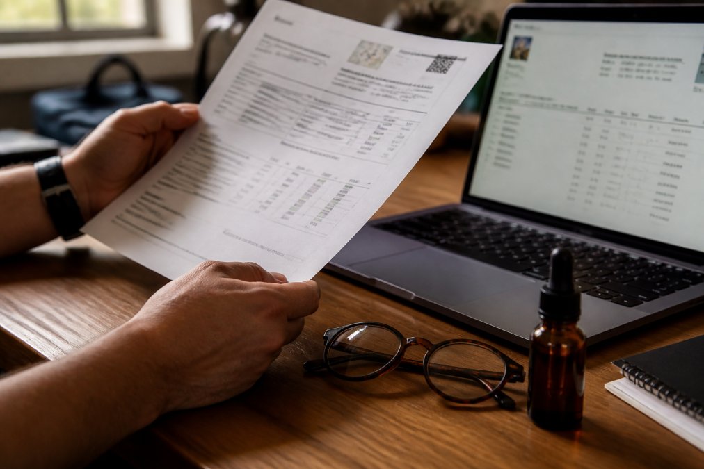 Close-up photograph of a person's hands holding a printed lab report next to a laptop showing a batch testing results page, with a small amber CBD tincture bottle and reading glasses on a wooden desk