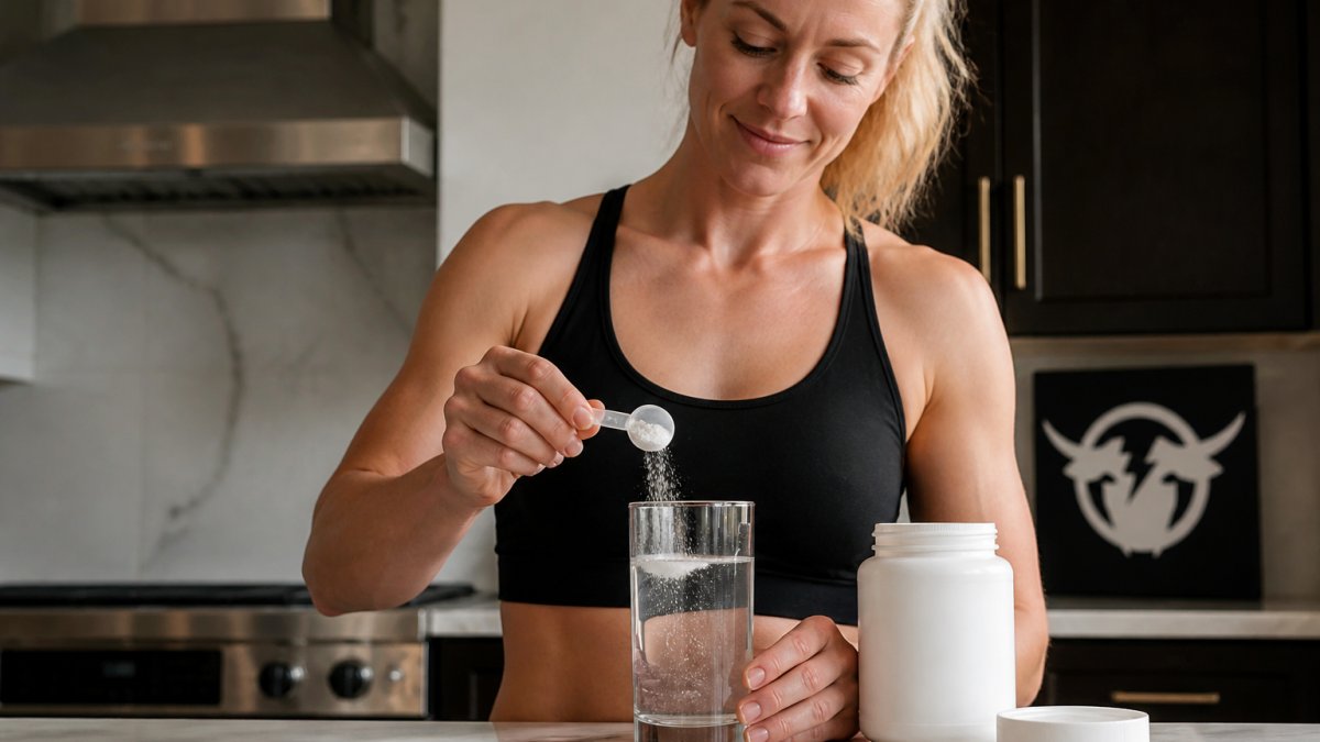 Close-up of someone mixing clean electrolyte powder into a glass of water, showing the powder dissolving quickly with a clear, transparent appearance in natural kitchen lighting