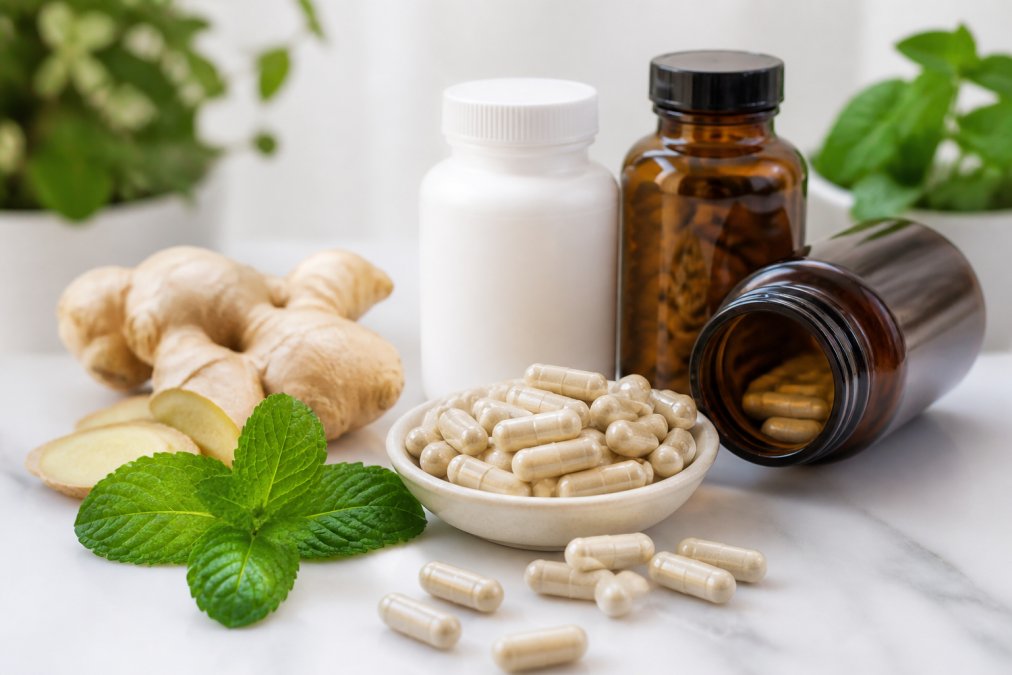 Close-up of supplement capsules and bottles arranged on clean white surface with fresh ginger root and peppermint leaves nearby, natural lighting
