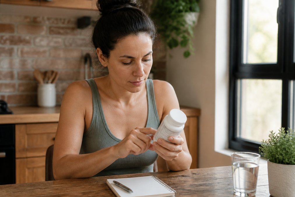 Person reading supplement label carefully in natural light, with notebook and pen for taking notes on table