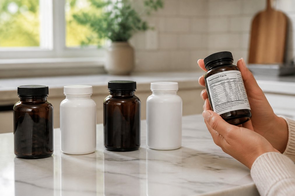 A clean kitchen counter with four supplement bottles arranged in a row, natural daylight streaming through a window, one bottle held up showing its clear ingredient label