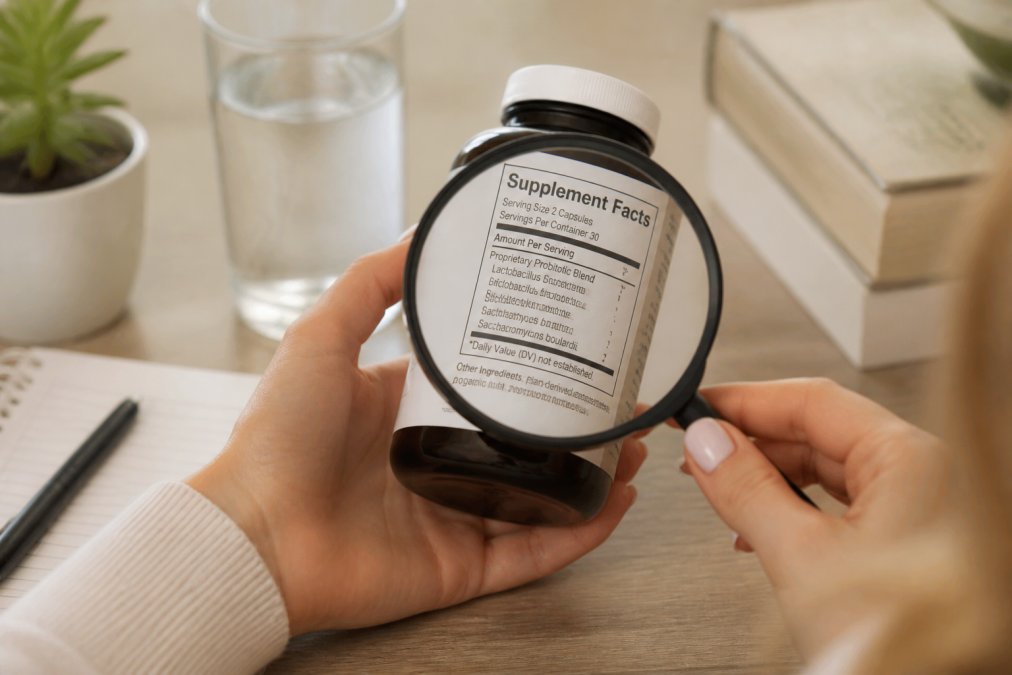 Close-up of hands holding a supplement bottle with clearly visible clean label ingredients list in natural light, showing someone reading the label carefully with a magnifying glass