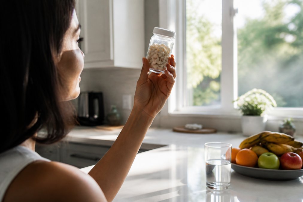 A woman's hand holding a clear supplement bottle up to the light in a bright kitchen, fresh fruit and a glass of water on the counter behind her