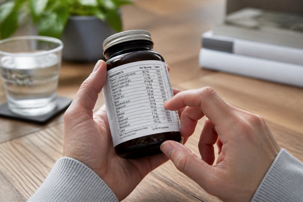 Hands reading a clean label supplement bottle to identify ingredients and potential side effects