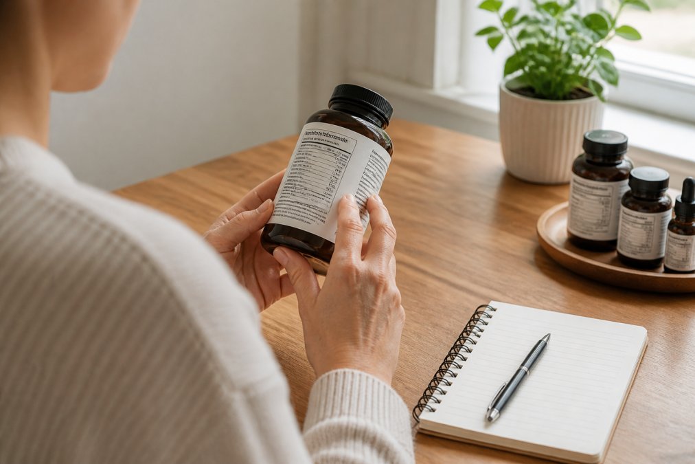 A person's hands holding a clean supplement bottle, carefully reading the ingredient label under natural window light, with a notepad and pen on the table beside them