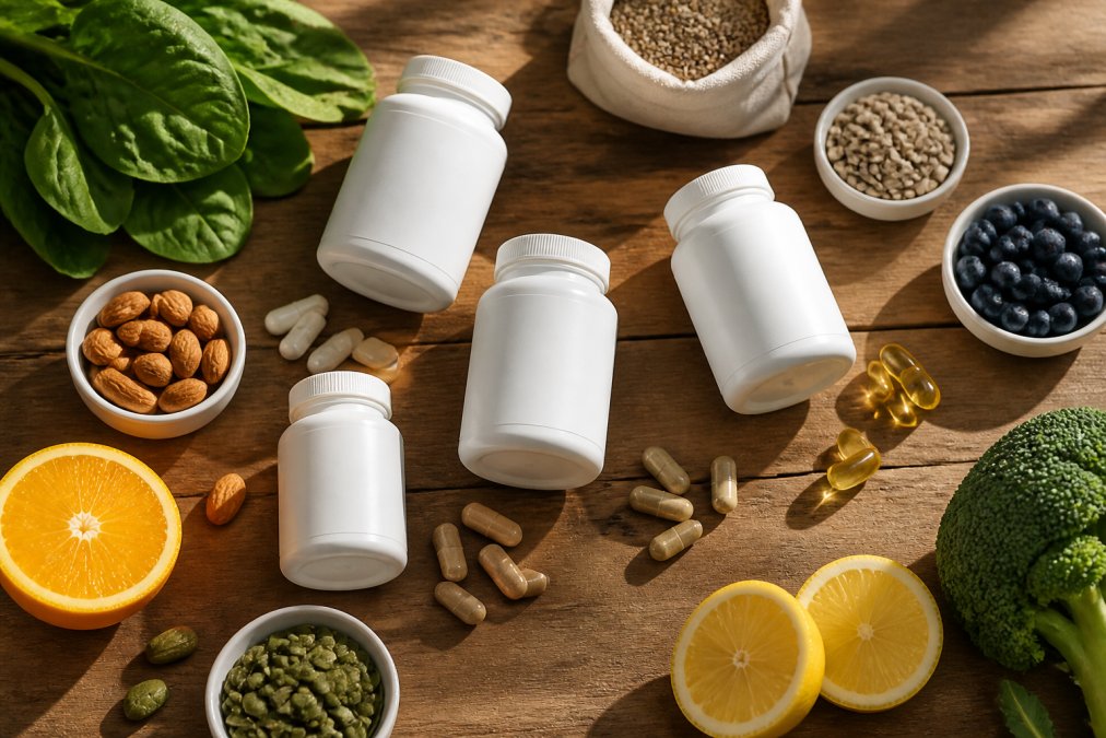 Flat lay arrangement of clean supplement bottles and capsules arranged on a wooden surface, surrounded by fresh ingredients like leafy greens, citrus slices, nuts, and seeds in natural daylight
