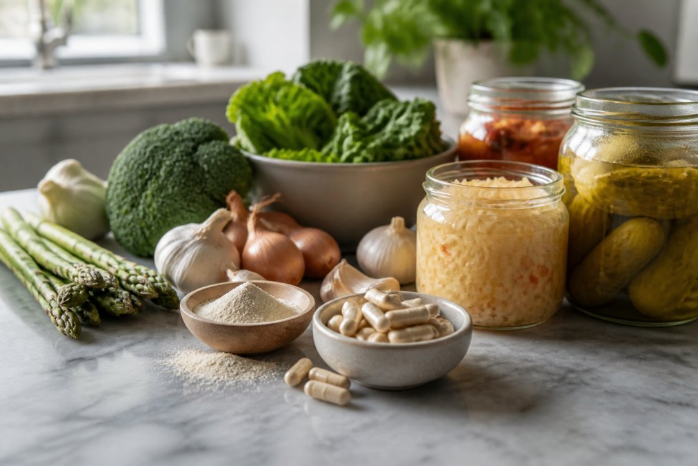 Close-up of supplement capsules and probiotic powder next to fresh vegetables and fermented foods on a clean kitchen counter, natural morning light