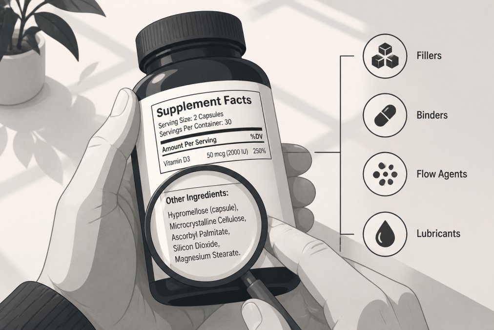Close-up of hands holding a vitamin bottle and reading the ingredient label in natural sunlight, showing fine print clearly visible on the white label