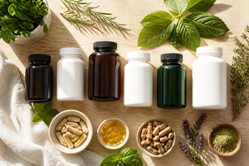 Flat lay of various clean label vitamin bottles arranged on a light wooden surface with fresh herbs, green leaves, and natural supplement ingredients scattered nearby in natural sunlight