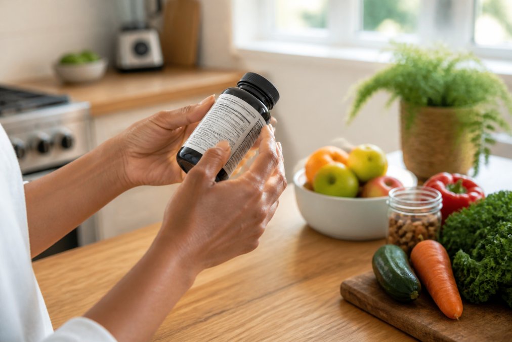 Close-up of a person's hands holding a supplement bottle, reading the label in a bright kitchen with fresh fruits and vegetables nearby