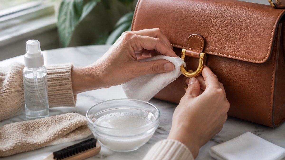 Hands gently polishing gold-tone handbag hardware with a microfiber cloth and mild solution on a marble surface