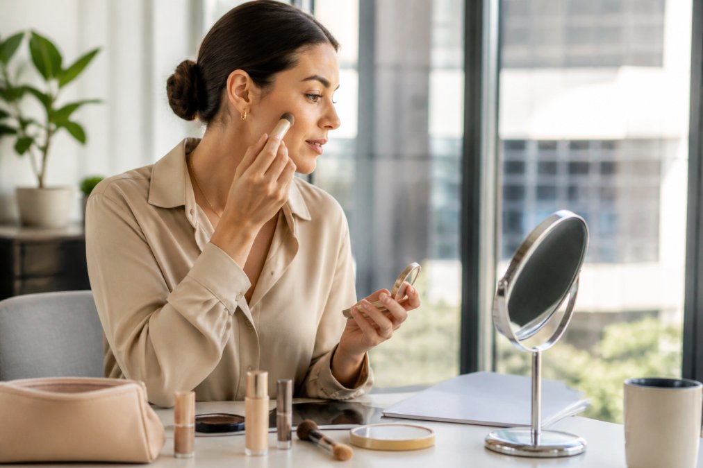 Professional woman at her desk applying minimal clean makeup in natural morning light, with a few essential products visible on the desk
