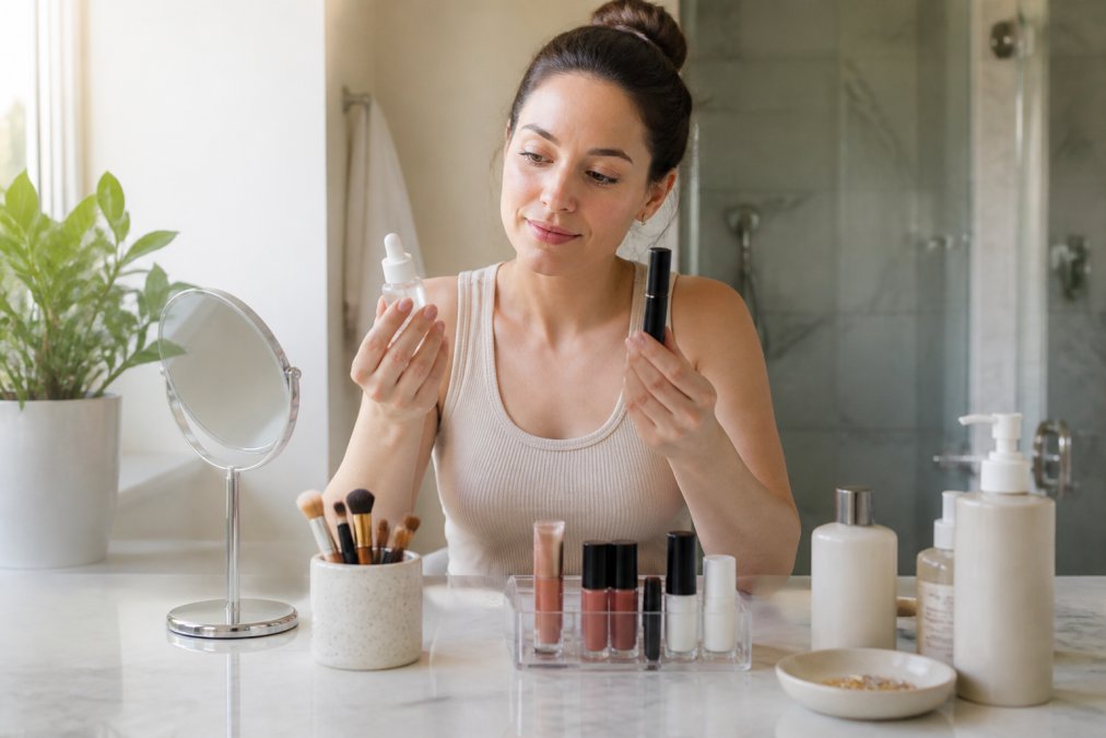 A woman in her late twenties at a bright bathroom vanity holding two makeup products side by side, one clean beauty serum bottle and one drugstore mascara tube, comparing labels with a relaxed, curious expression