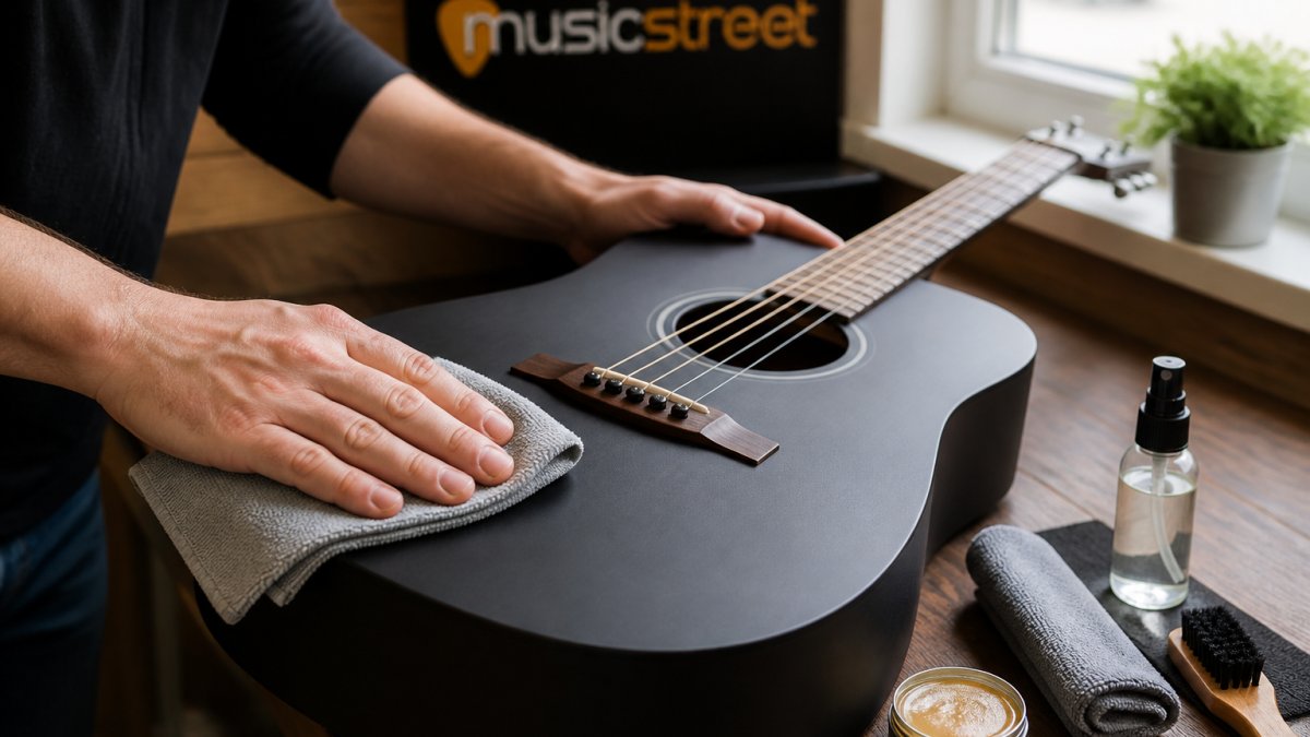 Close-up of hands using a soft microfibre cloth to gently wipe dust from the matte finish body of an acoustic guitar, natural window lighting
