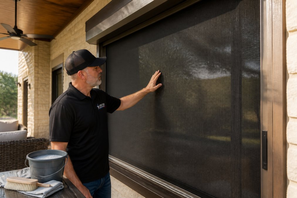 Infographic showing steps to clean motorized patio screens by inspecting mesh and preparing cleaning supplies.