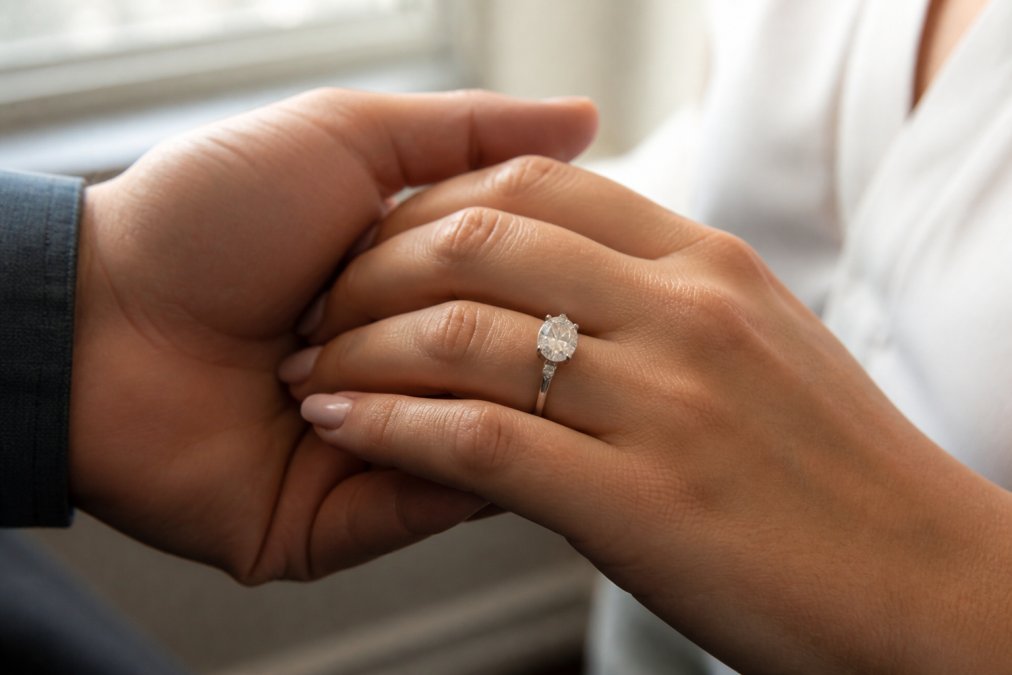 Close-up of a couple's hands gently touching, showing a brilliant oval-cut diamond engagement ring in 14K white gold, soft window light catching the stone's fire and scintillation