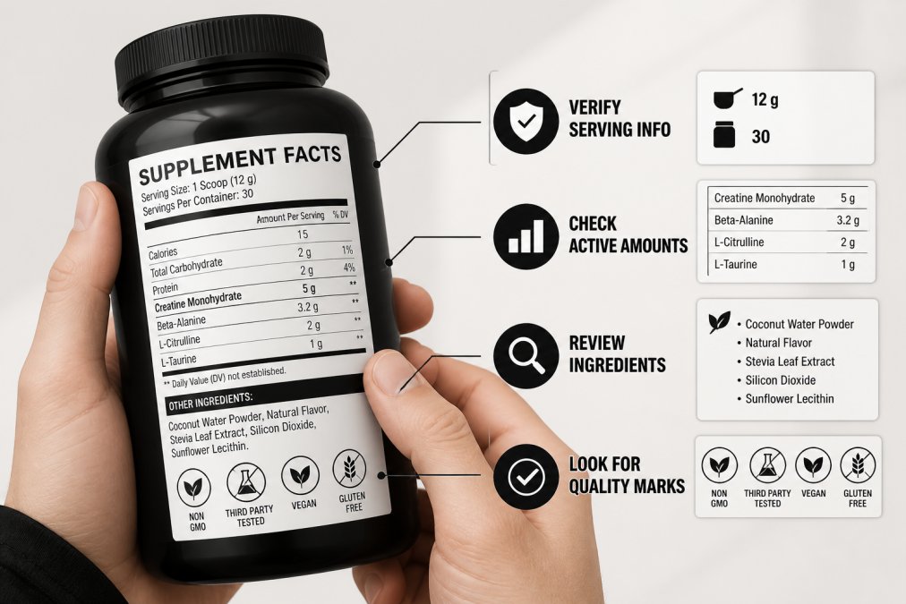 Close-up of hands holding a supplement bottle and reading the nutrition label with natural daylight, showing ingredient list clearly visible